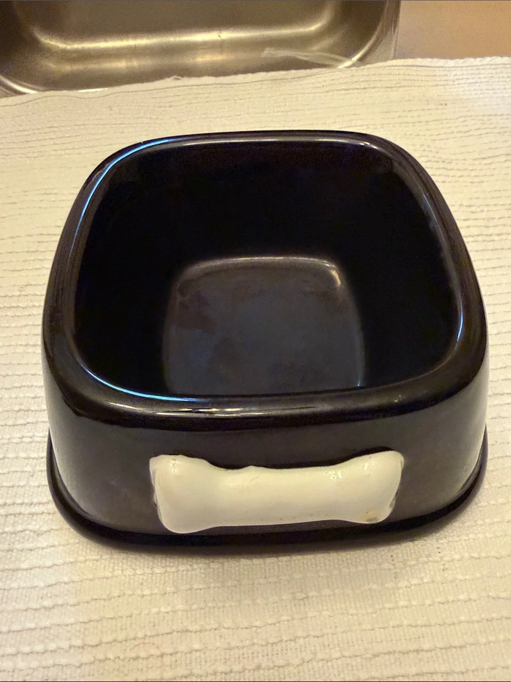 Black Ceramic Dog Bowl with White Bone Accent -cleaned and sanitized